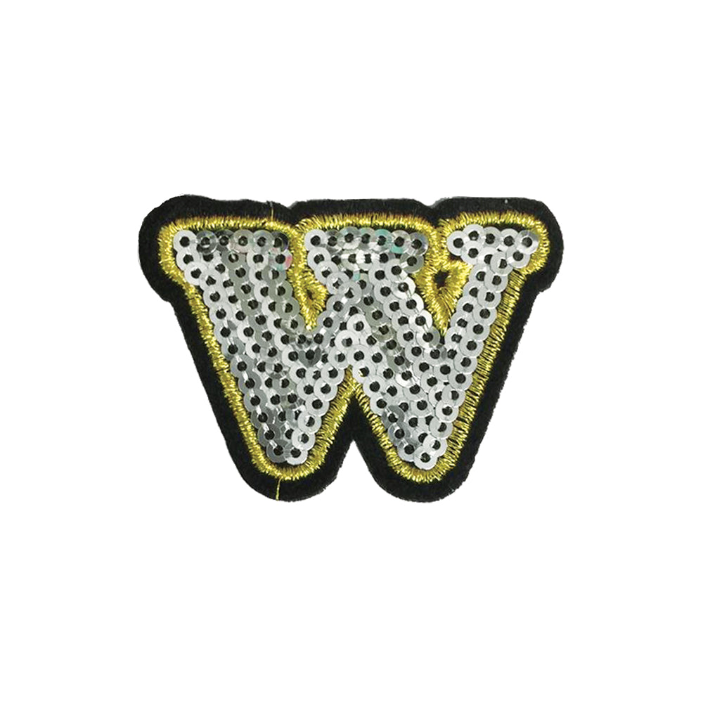 PC4001W - Sequin Silver Letter W (Iron On) Embroidery Applique Patch | Koo Style UK