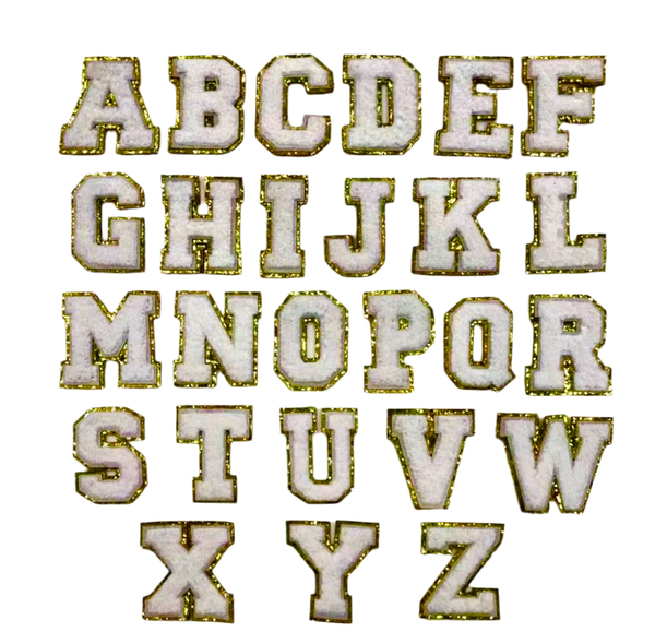 PC4263X - White  Chenille With Gold Trim Letter X (Iron On)
