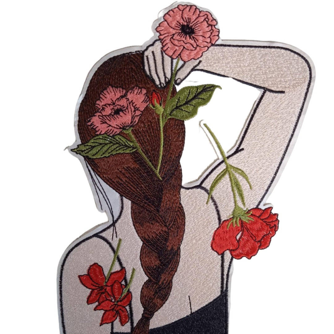 PC4223C - Dark Brunette Girl with Pink Flowers (Iron On)