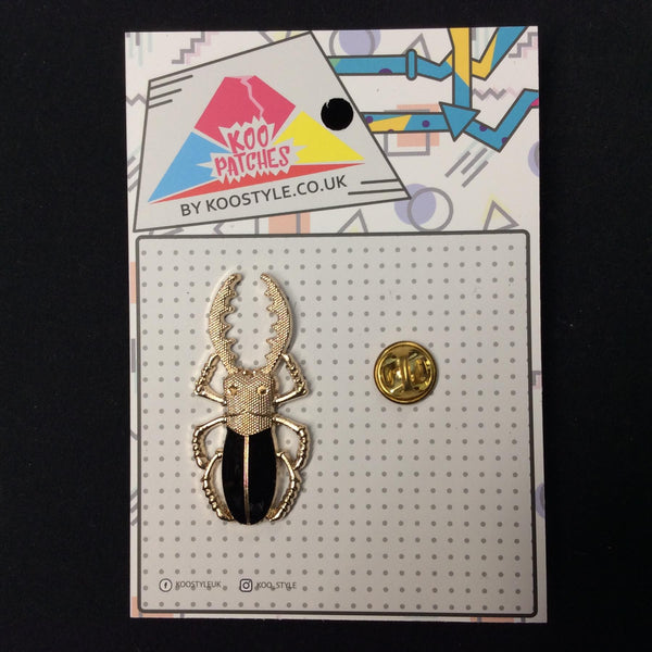 MP0026 - Gold Black Stag Beetle Bug Metal Pin Badge