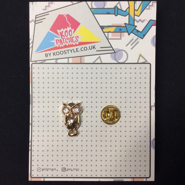 MP0251 - Small Gold Crystal Owl Bird Metal Pin Badge